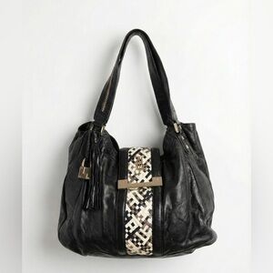 L.A.M.B. Gwen Stefani Black Leather Woven Shoulder Bag Fringe Tassel Gold Lock